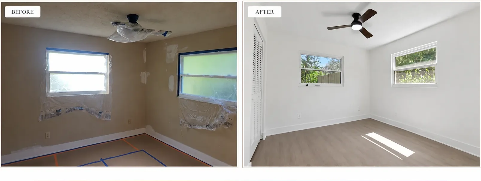 Before and after of a bedroom repaint by In Living Color Painters — dated tan walls and ceiling transformed into clean, bright white with refreshed trim and flooring.