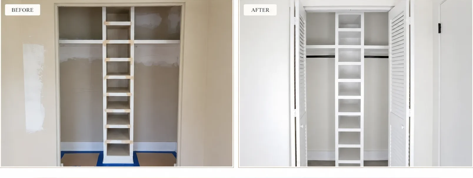 Before and after of a closet repaint by In Living Color Painters — a patched tan closet with bare shelving finished in crisp white with freshly painted louvered doors.