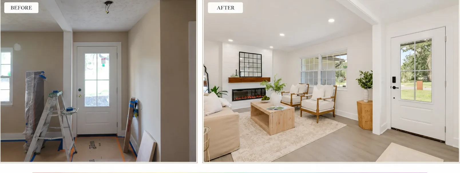 Before and after of an entryway and living area repaint by In Living Color Painters — a dim taupe entry transformed into a bright white space with a shiplap fireplace and fresh trim.