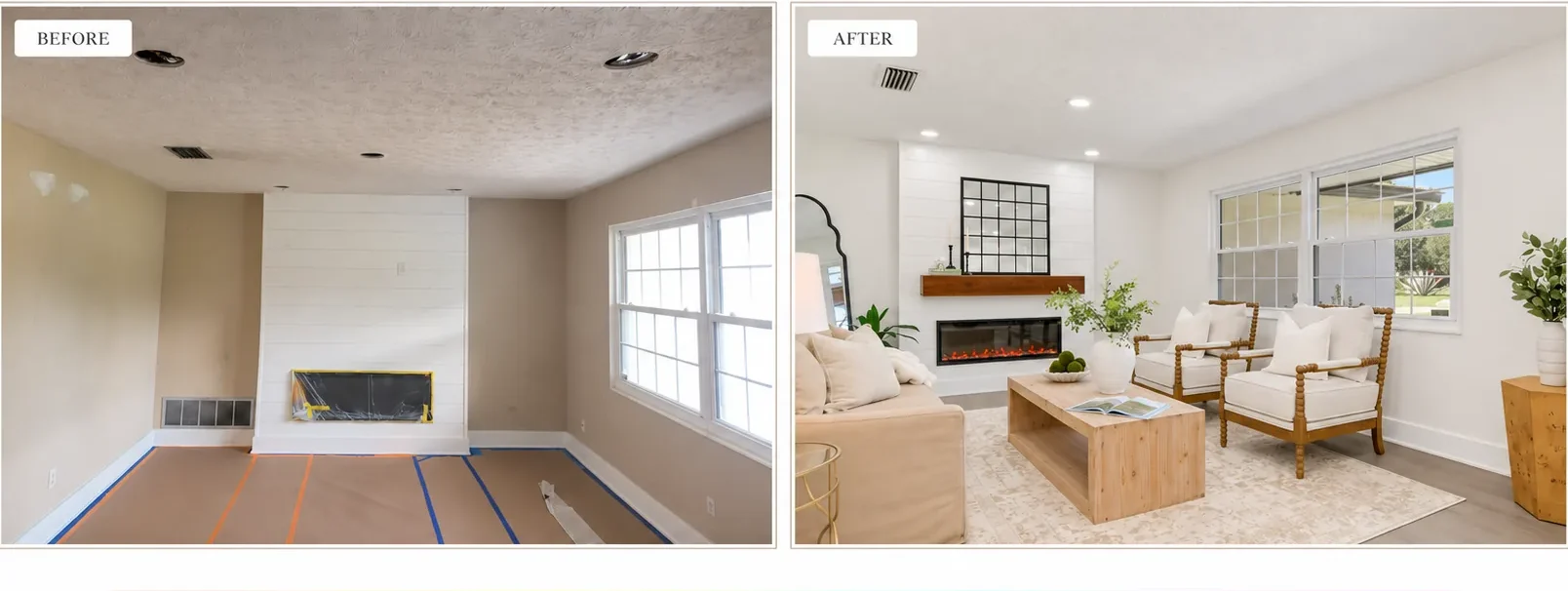 Before and after of a living room repaint by In Living Color Painters — beige walls and a dark ceiling transformed into a bright white room with a shiplap fireplace feature.